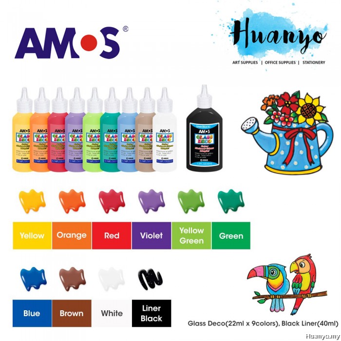 Amos Glass Deco Paint 22ML 10 Colours Set