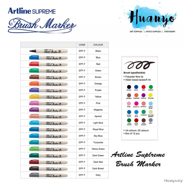 Artline Supreme Calligraphy Brush Marker Pen (Set of 20)