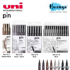 UNI PIN Technical Drawing Pen Wallet Set of 3 / 6 /12 (Black / Grey / Sepia Colour)