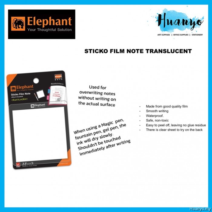 Sticky Elephant Elephant Sticko Film Sticky Note Translucent Removable Adhesive (3 x 3 ...