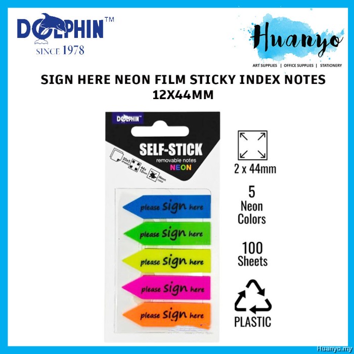 Dolphin 'Sign Here' Neon Film Sticky Index Notes 12x44mm