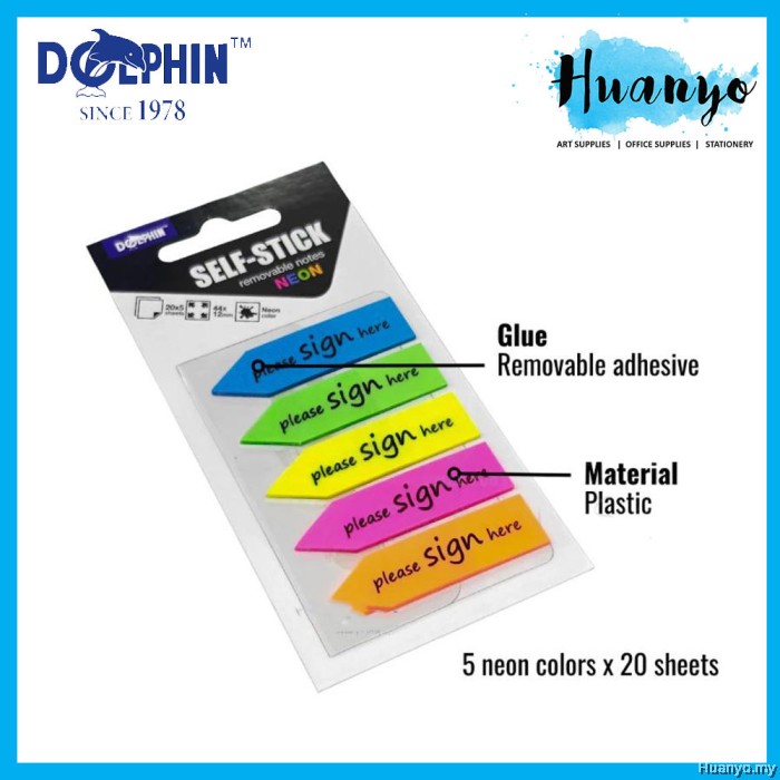 Dolphin 'Sign Here' Neon Film Sticky Index Notes 12x44mm