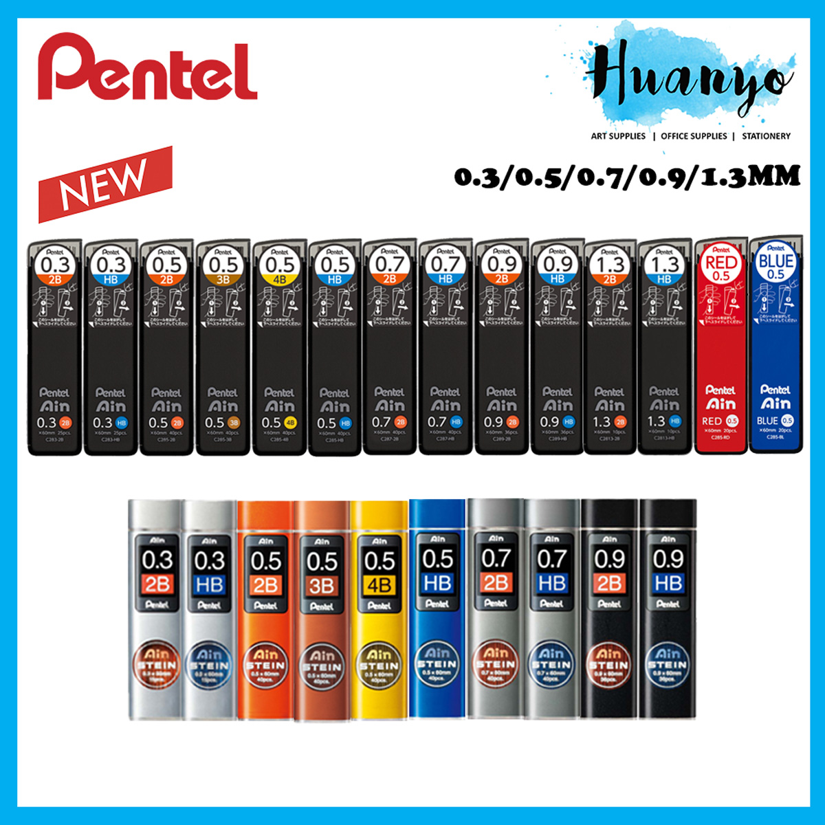 Pentel Ain Stein Mechanical Pencil Lead 0.3/0.5/0.7/0.9/1.3mm x 60MM (Black/Blue/Red Colour Lead)