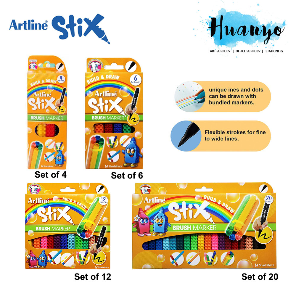 Artline Stix Calligraphy Brush Marker Pen 4 / 6 /12 / 20 Colour Value Set