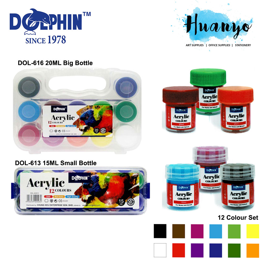Dolphin Acrylic Colour Plastic Box Set of 12 / 25 (20ML/15ML Bottle)