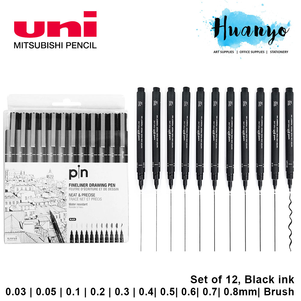 Uni - Pin Fineliner Drawing Pen Sæt - 0,1-0,5 Mm - Grå Sort - 6 Stk