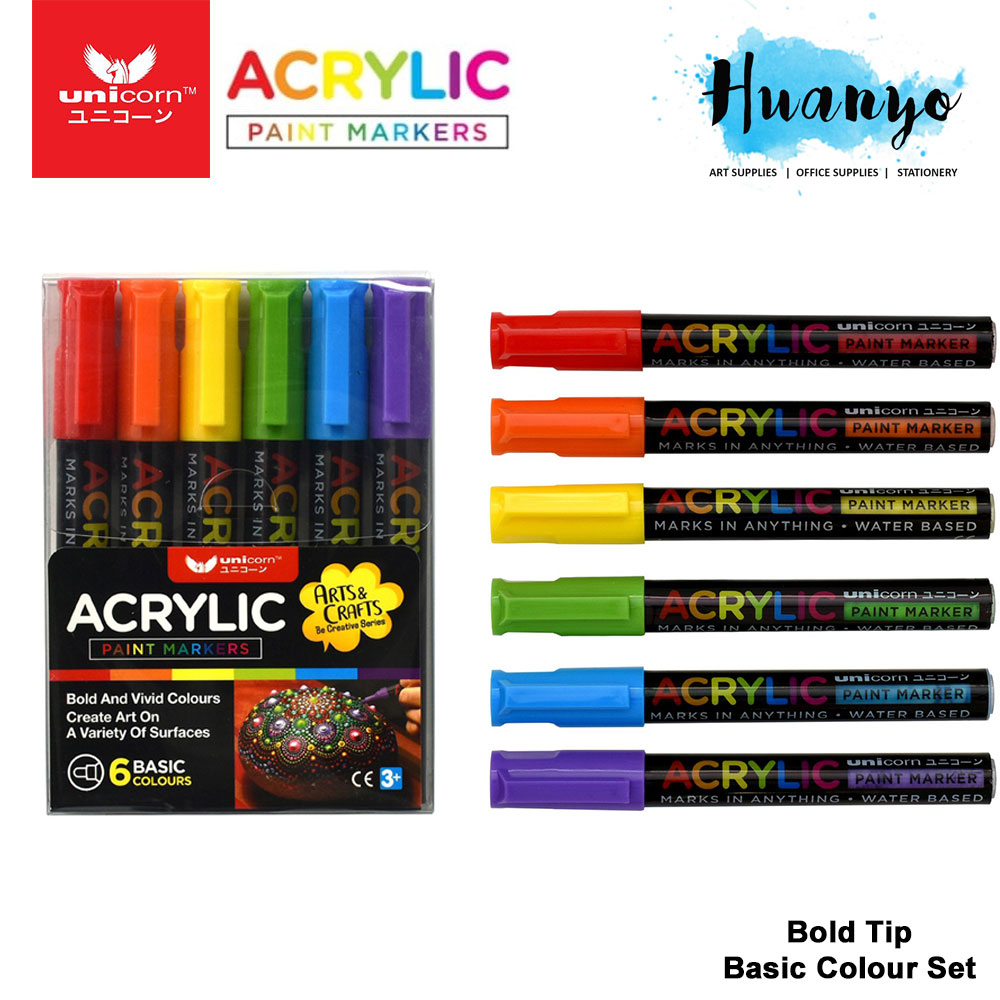 Unicorn Waterproof Acrylic Colour Paint Marker Wallet Set of 6 (Fine / Bold Tip , Quick Dry, Non Toxic)