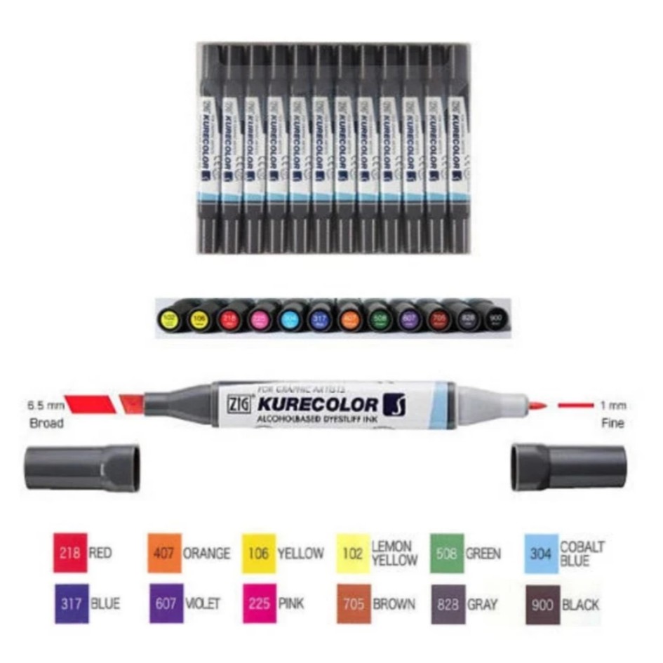 Zig Kurecolor Twin Color Marker Set (12 Basic Colors) KC3000N/12B1
