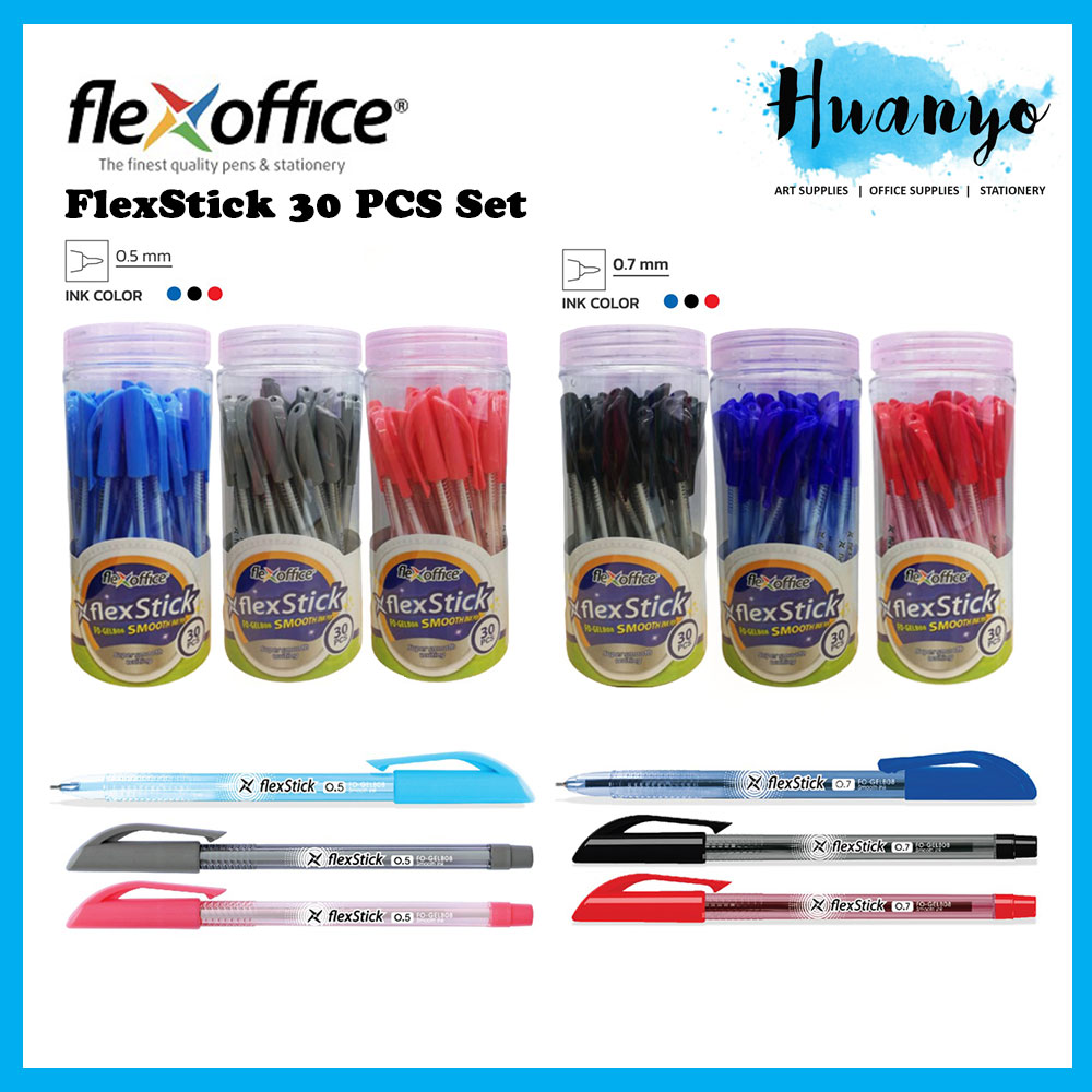 FlexOffice FlexStick Smooth Ink Ball Pen 0.5/0.7MM (Black/Blue/Red) 30 ...