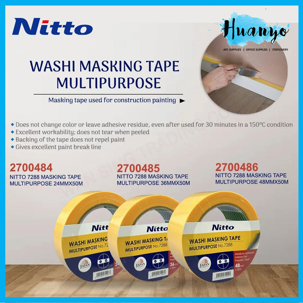 Nitto Washi Masking Tape for Interior & Car Paint Painting Tape, Multipurpose Japan Quality (24mm/36mm/48mm x 50 Meter)