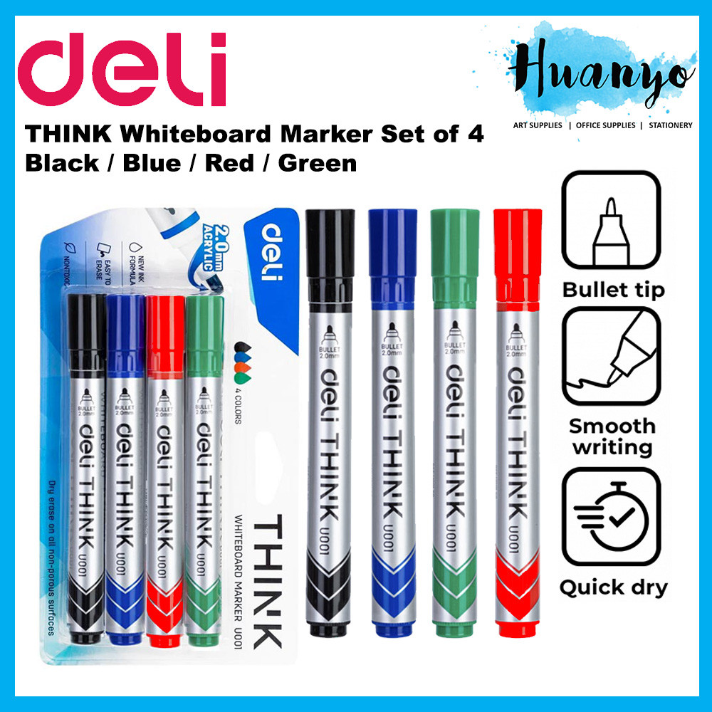 Deli THINK Whiteboard Marker Pen Set of 4 Bullet Tip [Black/Blue/Red ...